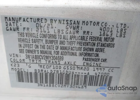 2021 Nissan Sentra Sv Xtronic Cvt z USA, uszkodzony, nr VIN 3N1AB8CV2MY304689